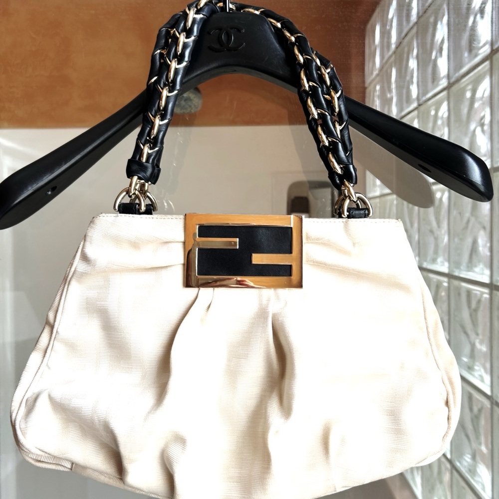 FENDI Beige Canvas MIA Zucca Chain Purse Bag